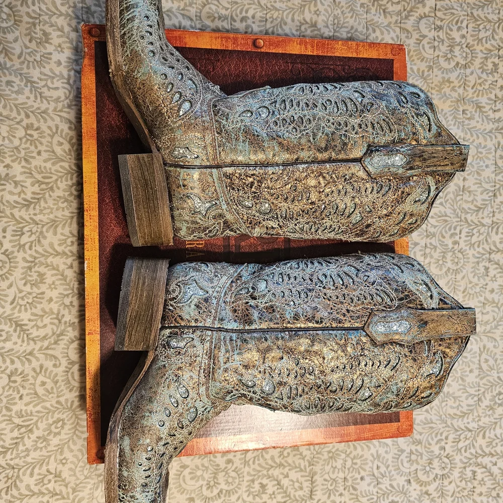 Corral Distressed Turquoise and Brown Ankle Boots - Picture 7 of 11